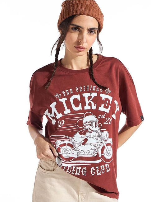 Bewakoof Women's Brick Red Mickey Bike Graphic Printed Oversized T-Shirt