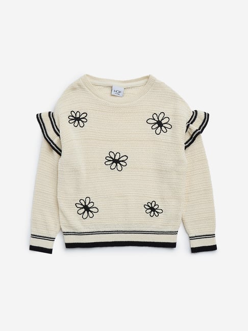 HOP Kids by Westside Beige Floral Embroidered Knitted Cotton