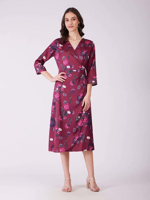 Fablestreet Purple Polyester Printed A-Line Wrap Dress
