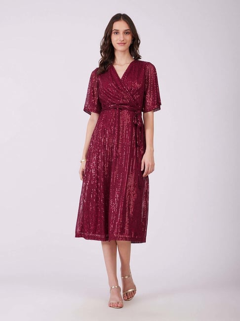 Fablestreet Maroon Polyester Embellished A-Line Wrap Dress