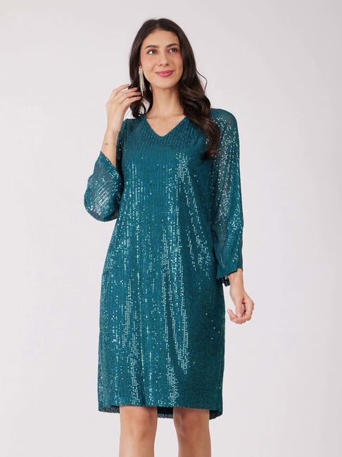 Fablestreet Blue Polyester Embellished Shift Dress