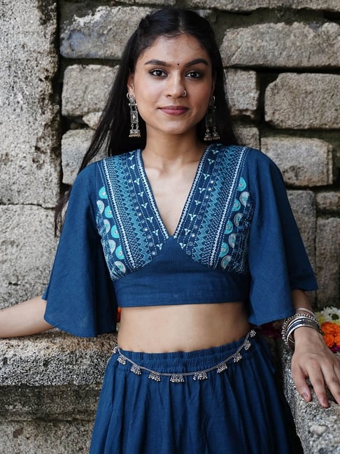 Okhai Blue Pure Cotton Hand Embroidered Blouse