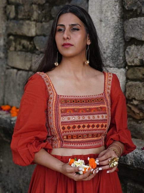 Okhai Orange Pure Cotton Hand Embroidered Blouse