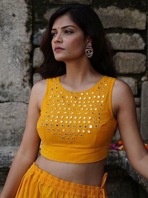 Okhai Yellow Pure Cotton Hand Embroidered Blouse