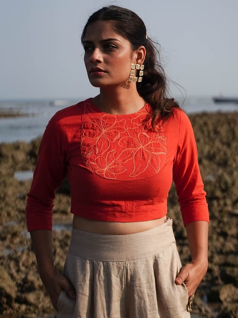Okhai Orange Pure Cotton Hand Embroidered Blouse