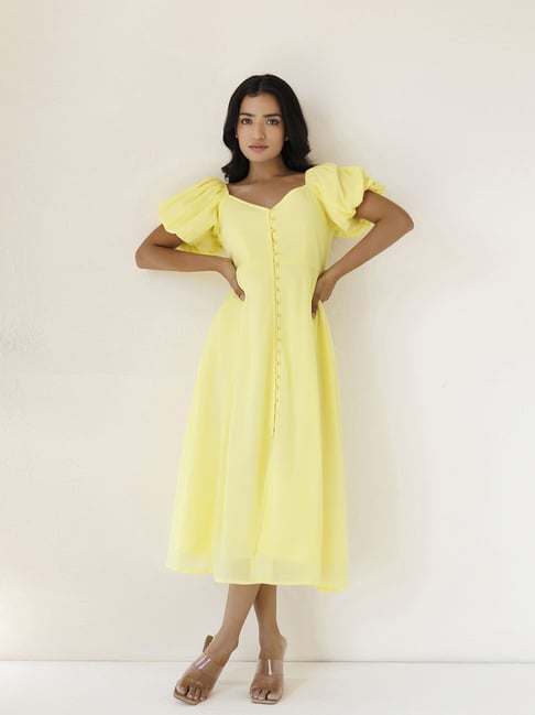 Ragavi Lemon Yellow Plain A-Line Dress