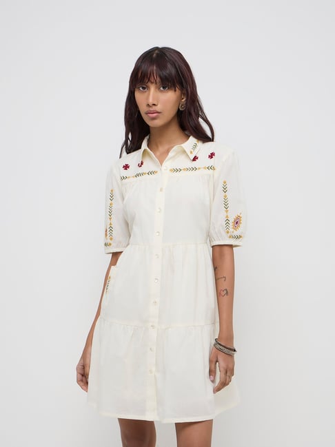 Bombay Paisley by Westside Off-White Embroidered Cotton Shirt Dress