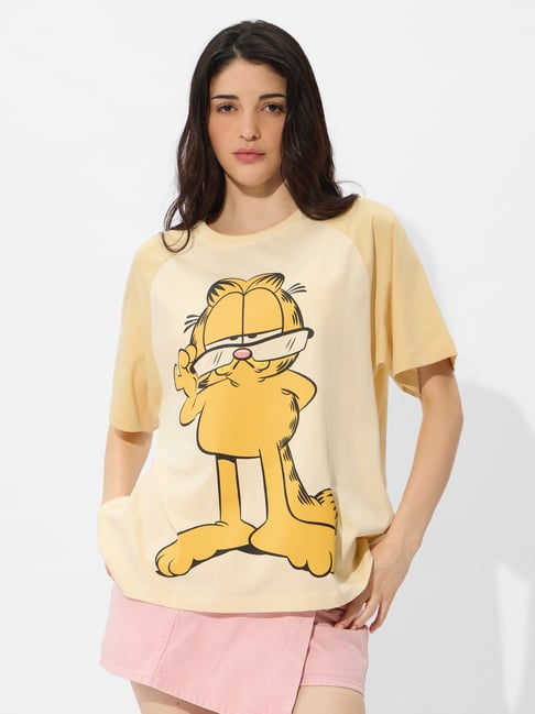 The Souled Store Yellow Loose fit Cotton Print T-shirts