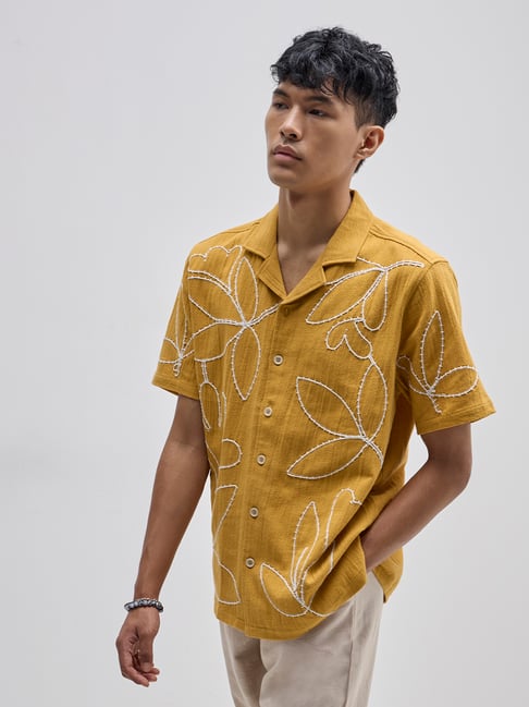 ETA by Westside Yellow Floral Embroidered Relaxed-Fit Cotton Shirt