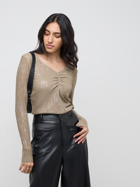 LOV by Westside Olive Chevron Textured Cotton Blend Top