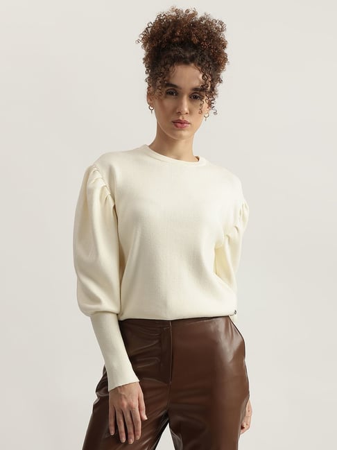 Iconic Cream Regular Fit Self Pattern Sweater
