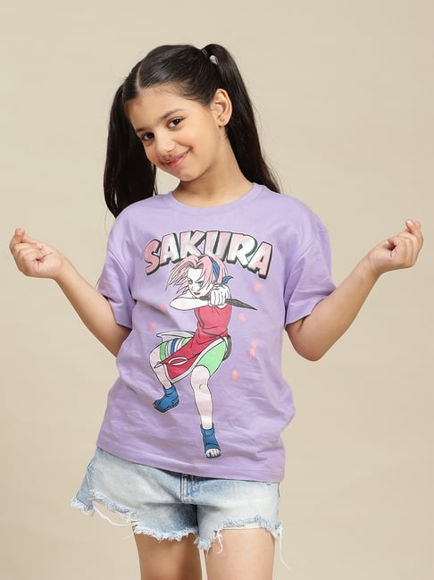 Kidsville Girls Lavender Cotton Printed T-Shirt-picture-27