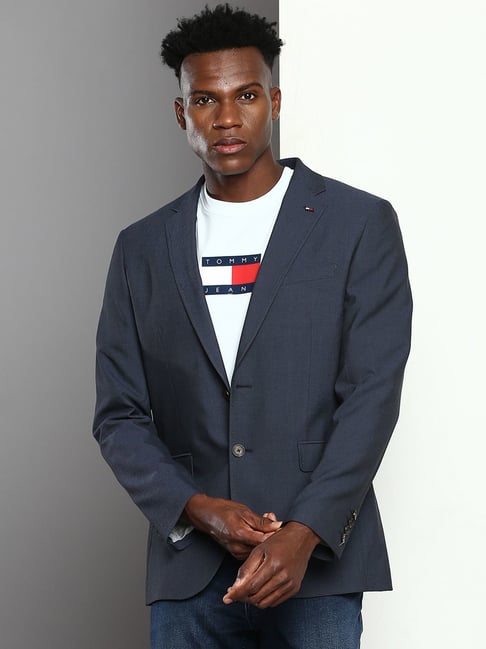 Tommy Hilfiger Dark Grey Cotton Regular Fit Structured Blazer