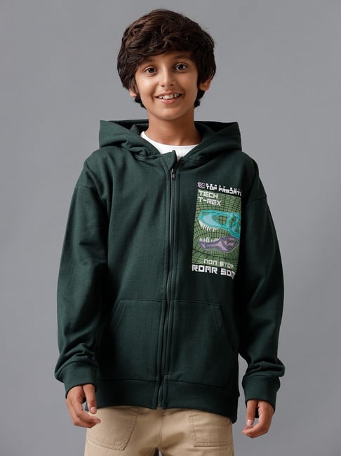 Under Fourteen Only Boys Green Cotton Printed Hooded Sweatshirt-picture-35
