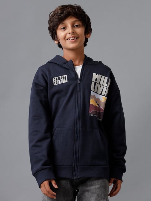 Under Fourteen Only Boys Blue Cotton Printed Hooded Sweatshirt-picture-36