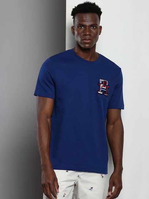 Tommy Hilfiger Blue Cotton Regular Fit Embroidered T-Shirt