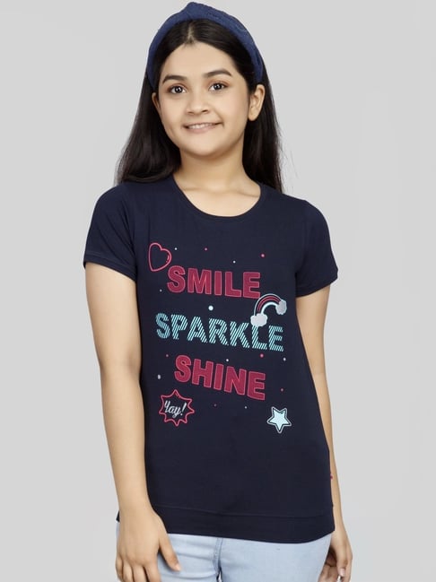 3PIN Girls Navy Cotton Printed T-Shirts