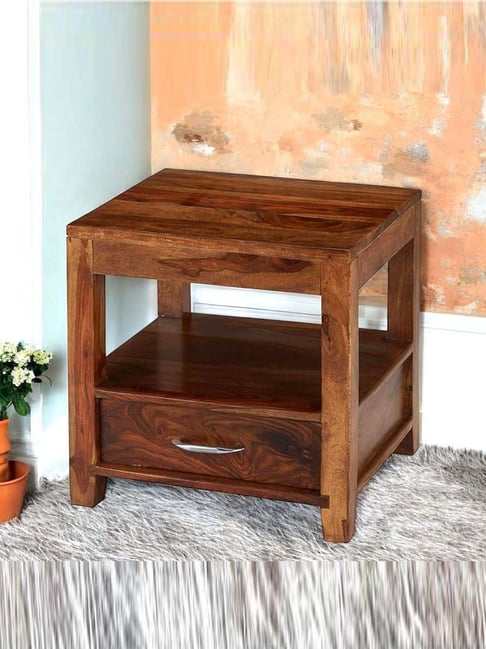 Ikiriya Kassel Beige Sheesham Wood Contemporary Bedside Table in Natural Teak Finish