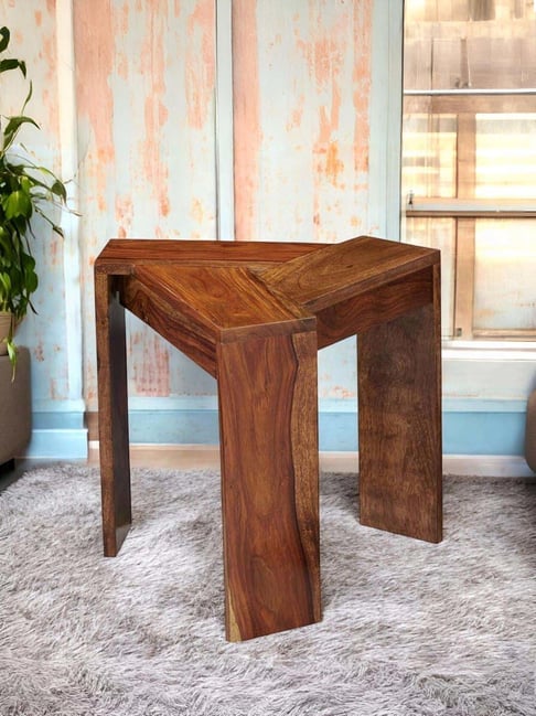 Ikiriya Avina Beige Sheesham Wood Contemporary Corner Table in Natural Teak Finish