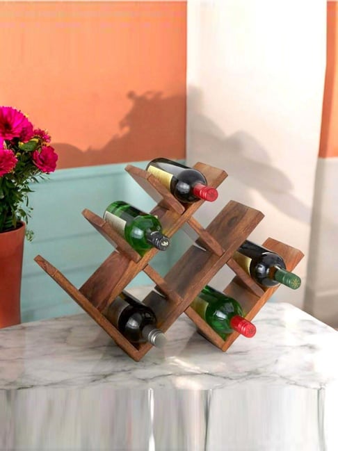 Ikiriya Kassel Beige Sheesham Wood Accent Wine Rack in Natural Teak Finish