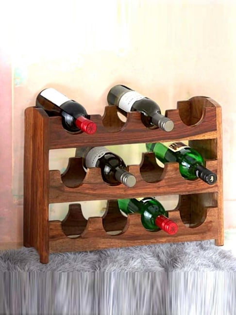 Ikiriya Kassel Beige Sheesham Wood Accent Wine Rack in Natural Teak Finish