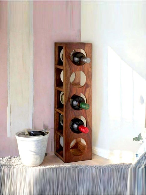Ikiriya Wembley Beige Sheesham Wood Accent Wine Rack in Natural Teak Finish