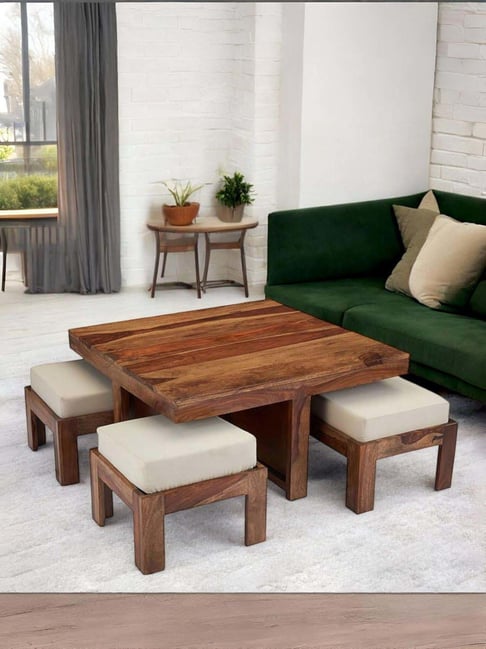 Ikiriya Blane Beige Sheesham Wood Accent Coffee Table Set in Natural Teak Finish