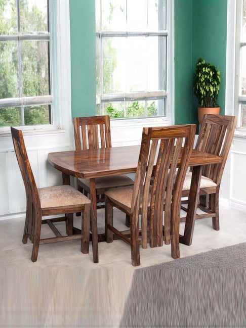 Ikiriya Columbus Beige & Brown Sheesham Wood Accent 4 Seater Dining Table Set in Teak Finish