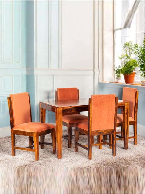 Ikiriya Oakmont Orange & Brown Sheesham Wood Accent 4 Seater Dining Table Set in Pine Finish