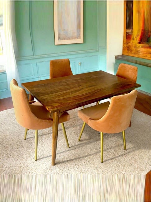 Ikiriya Oakmont Beige & Peach Sheesham Wood Mid Century 4 Seater Dining Table Set in Teak Finish