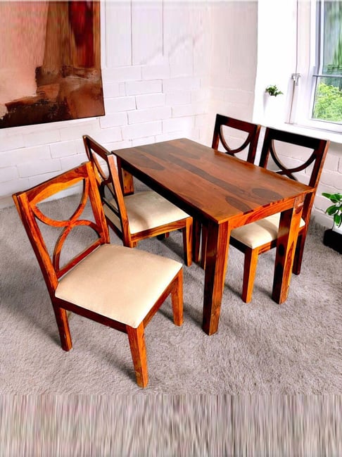 Ikiriya Oakmont Brown & Beige Sheesham Wood Accent 4 Seater Dining Table Set in Honey Finish