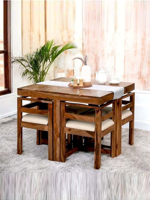 Ikiriya Kingston Beige Sheesham Wood Accent 4 Seater Dining Table Set in Natural Teak Finish
