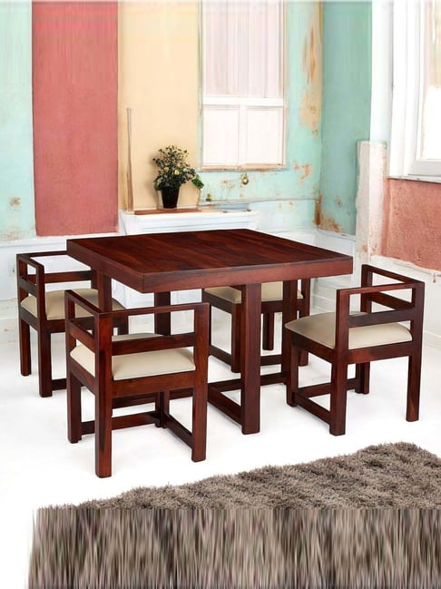 Ikiriya Kingston Brown & Beige Sheesham Wood Accent 4 Seater Dining Table Set in Honey Finish