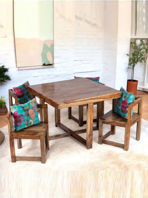 Ikiriya Kingston Beige & Blue Sheesham Wood Accent 4 Seater Dining Table Set in Teak Finish