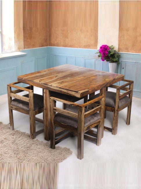 Ikiriya Kingston Beige & Brown Sheesham Wood Accent 4 Seater Dining Table Set in Teak Finish