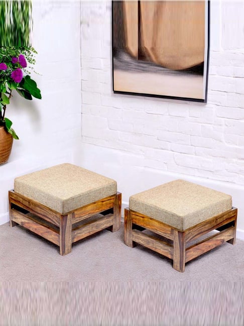 Ikiriya Amber Jute Beige Sheesham Wood Contemporary Foot Stools in Teak Finish-picture-26