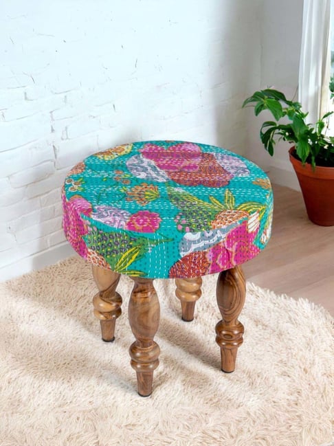 Ikiriya Roswell Sea Green Sheesham Wood Mid Century Stool in Teak Finish