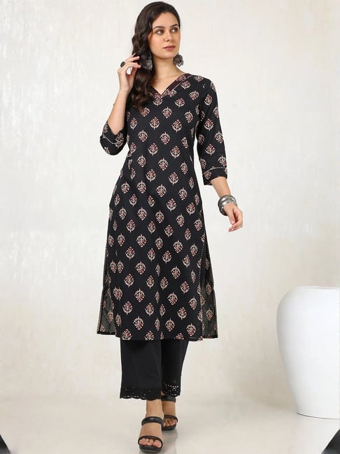 Soch Black Cotton Printed Straight Kurta