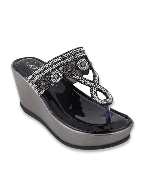 catwalk women's wedding dreamers zing thing black thong wedges