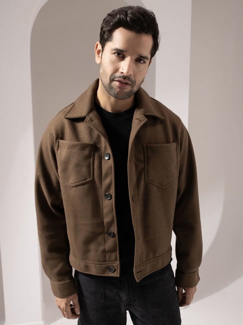 Perch Brown Polyester Boxy Fit Solid Jackets