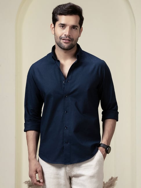 Perch Navy Blue Linen Blend Slim Solid Casual Shirts