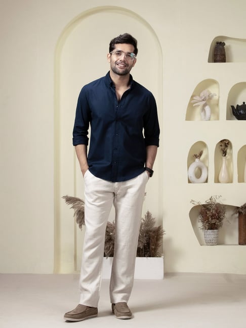 Navy Blue Shirt With Beige Pants Navy Blue Shirt Combination