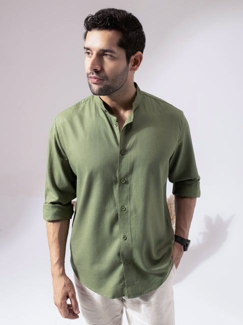 Perch Green Linen Blend Slim Solid Casual Shirts-picture-29