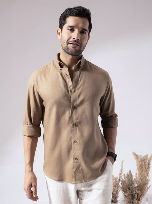 Perch Brown Linen Blend Slim Solid Casual Shirts-picture-26