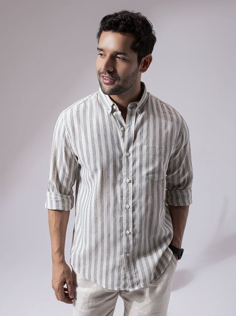 Perch Green Cotton Slim Stripes Casual Shirts-image-43