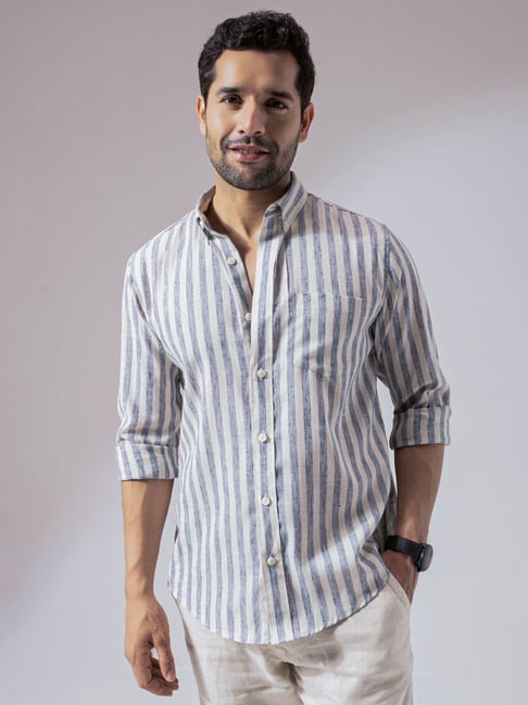 Perch Blue Cotton Slim Stripes Casual Shirts-picture-40