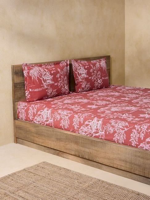 Westside Home Rust Printed Queen Bed Fitted Sheet and Pillowcase Set
