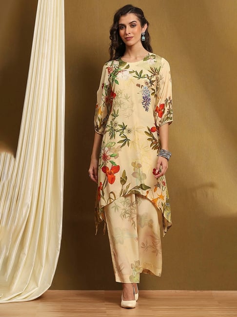 Biba Yellow Modal Floral 3/4th Sleeve Kurta & Pants Set