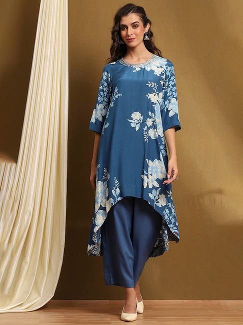 Biba Blue Viscose Floral 3/4th Sleeve Kurta & Pants Set