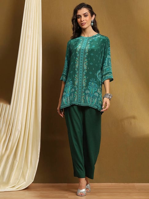 Biba Green Crepe Printed 3/4th Sleeve Kurta & Pants Set